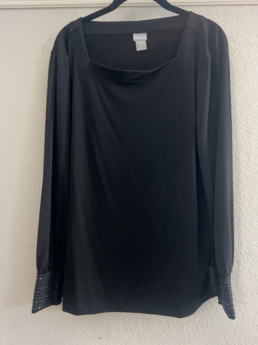 Chico’s Black Cowl Neck Blouse Size 3 XL Embellished Rhinestone Cuffs